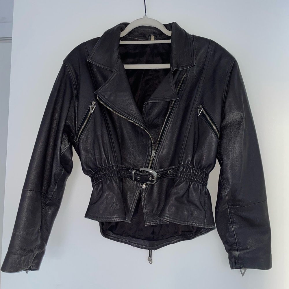 1980s Vintage Leather Jacket Bomber Buckle Waist Corset Back